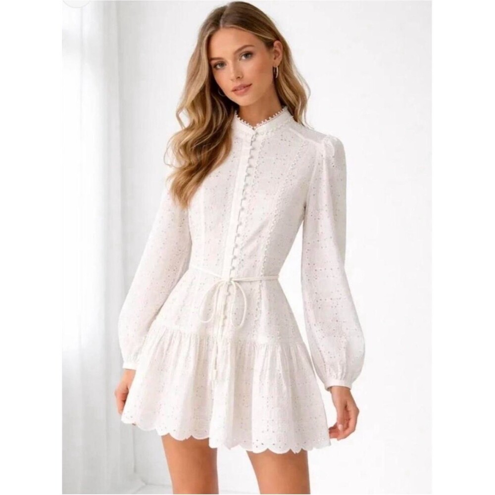 Antonio Melani Brynn Eyelet White Button Front Long Sleeve Tie Waist Dress
